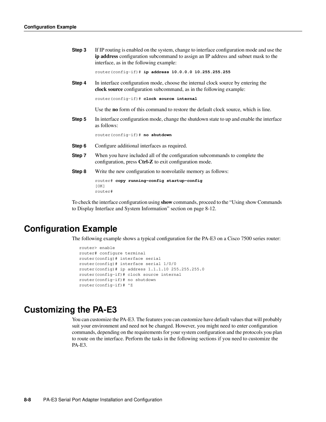 Cisco Systems PA-2E3 manual Conﬁguration Example, Customizing the PA-E3, Configuration Example 