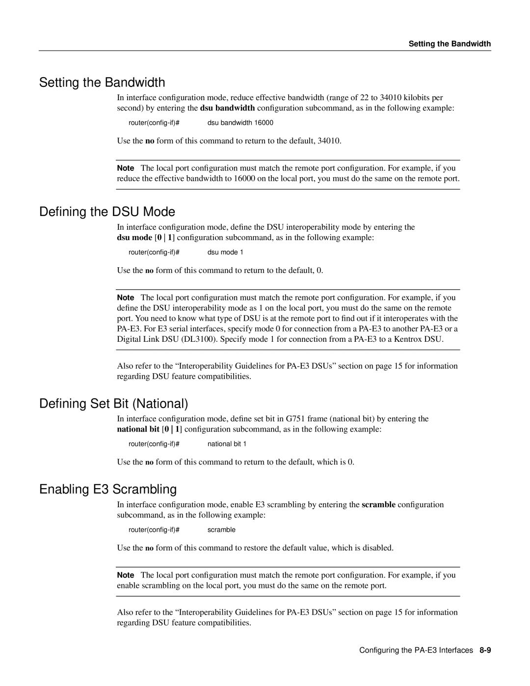 Cisco Systems PA-2E3, PA-E3 Setting the Bandwidth, Deﬁning the DSU Mode, Deﬁning Set Bit National, Enabling E3 Scrambling 