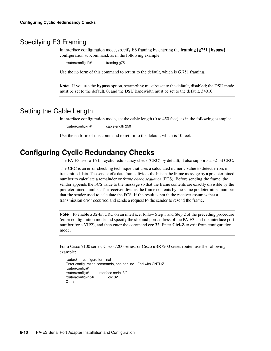 Cisco Systems PA-E3, PA-2E3 manual Conﬁguring Cyclic Redundancy Checks, Specifying E3 Framing, Setting the Cable Length 