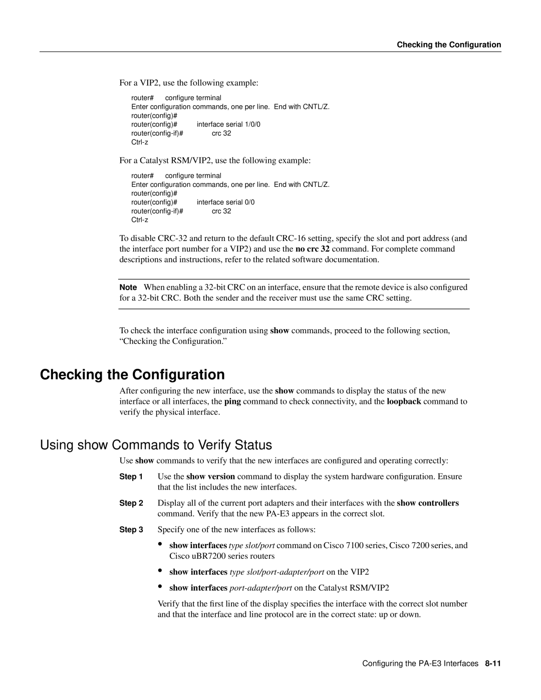 Cisco Systems PA-2E3, PA-E3 Checking the Conﬁguration, Using show Commands to Verify Status, Checking the Configuration 