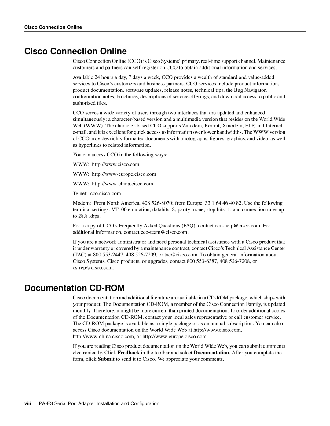 Cisco Systems PA-E3, PA-2E3 manual Cisco Connection Online, Documentation CD-ROM 