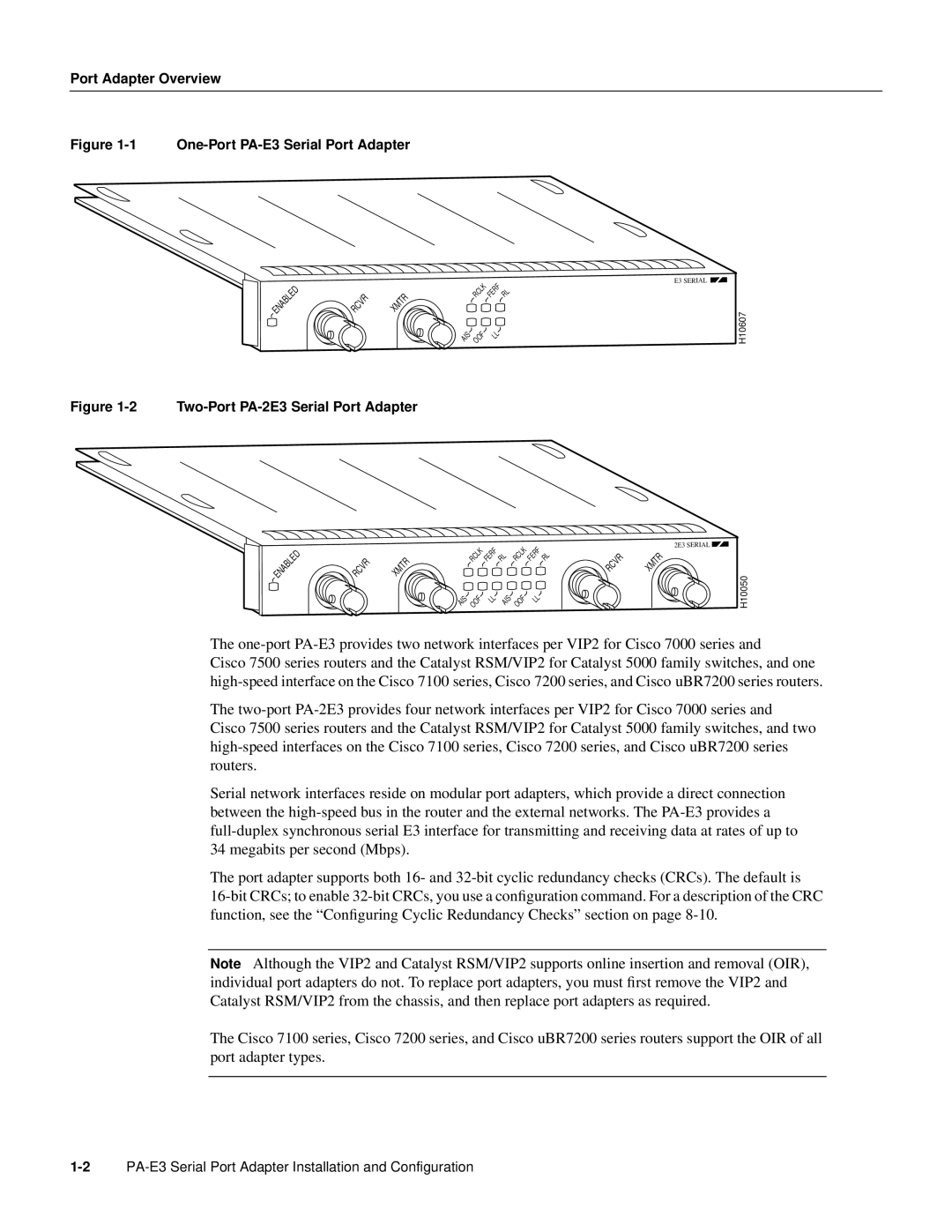 Cisco Systems PA-2E3 manual Port Adapter Overview, One-Port PA-E3 Serial Port Adapter 