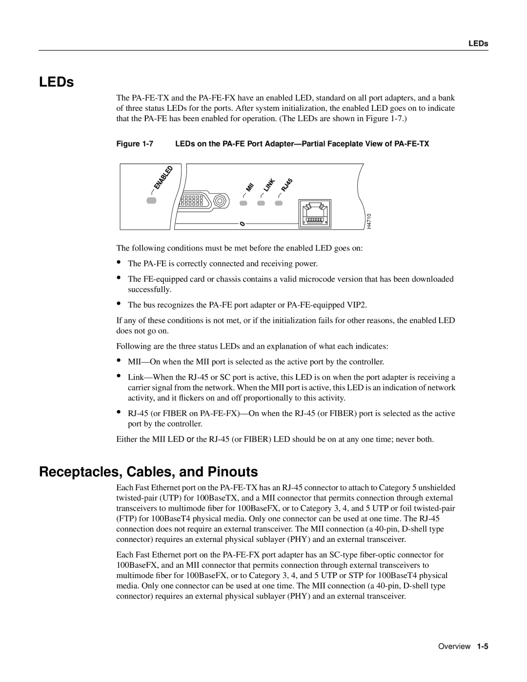 Cisco Systems PA-FE-FX, PA-FE-TX manual LEDs, Receptacles, Cables, and Pinouts 