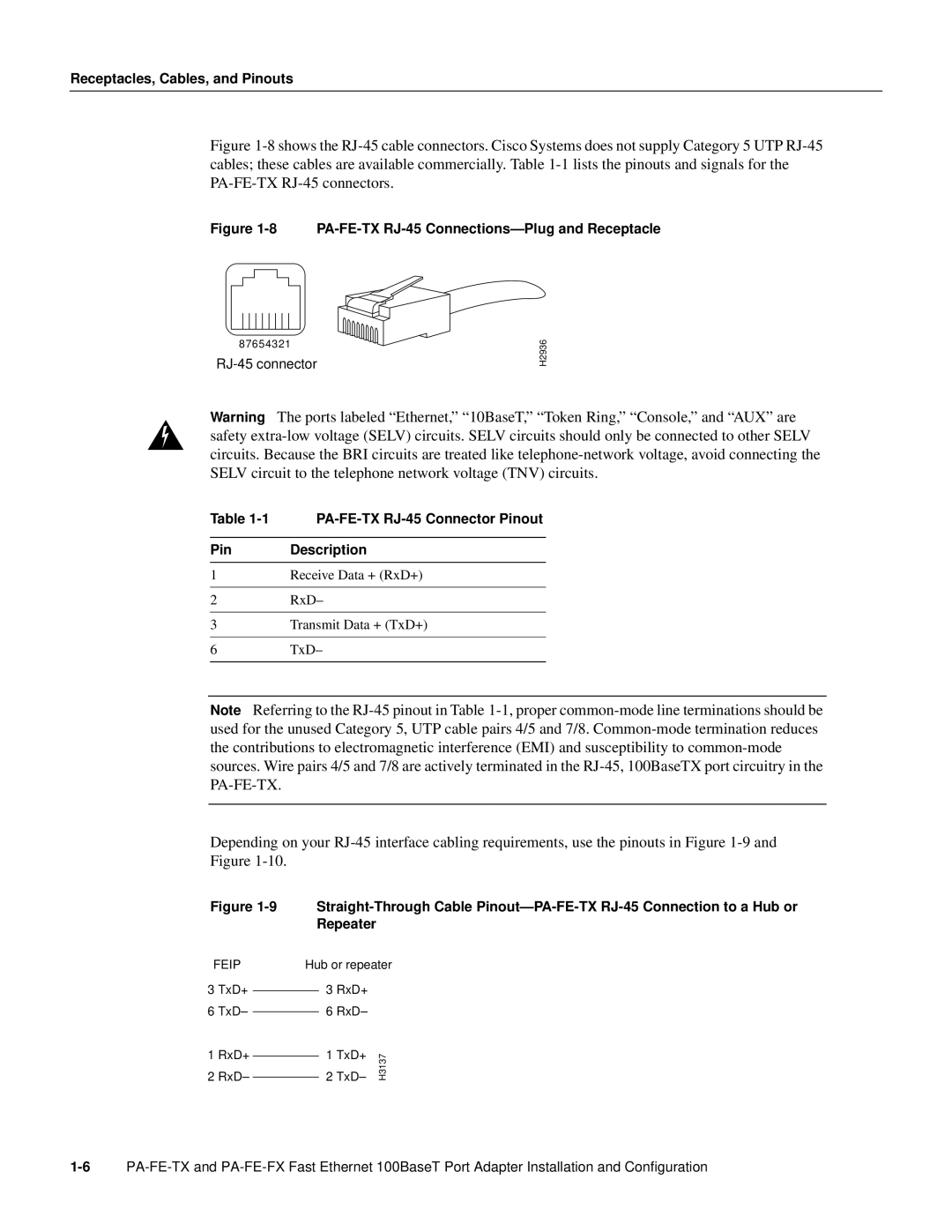 Cisco Systems PA-FE-FX manual PA-FE-TX RJ-45 Connections-Plug and Receptacle 