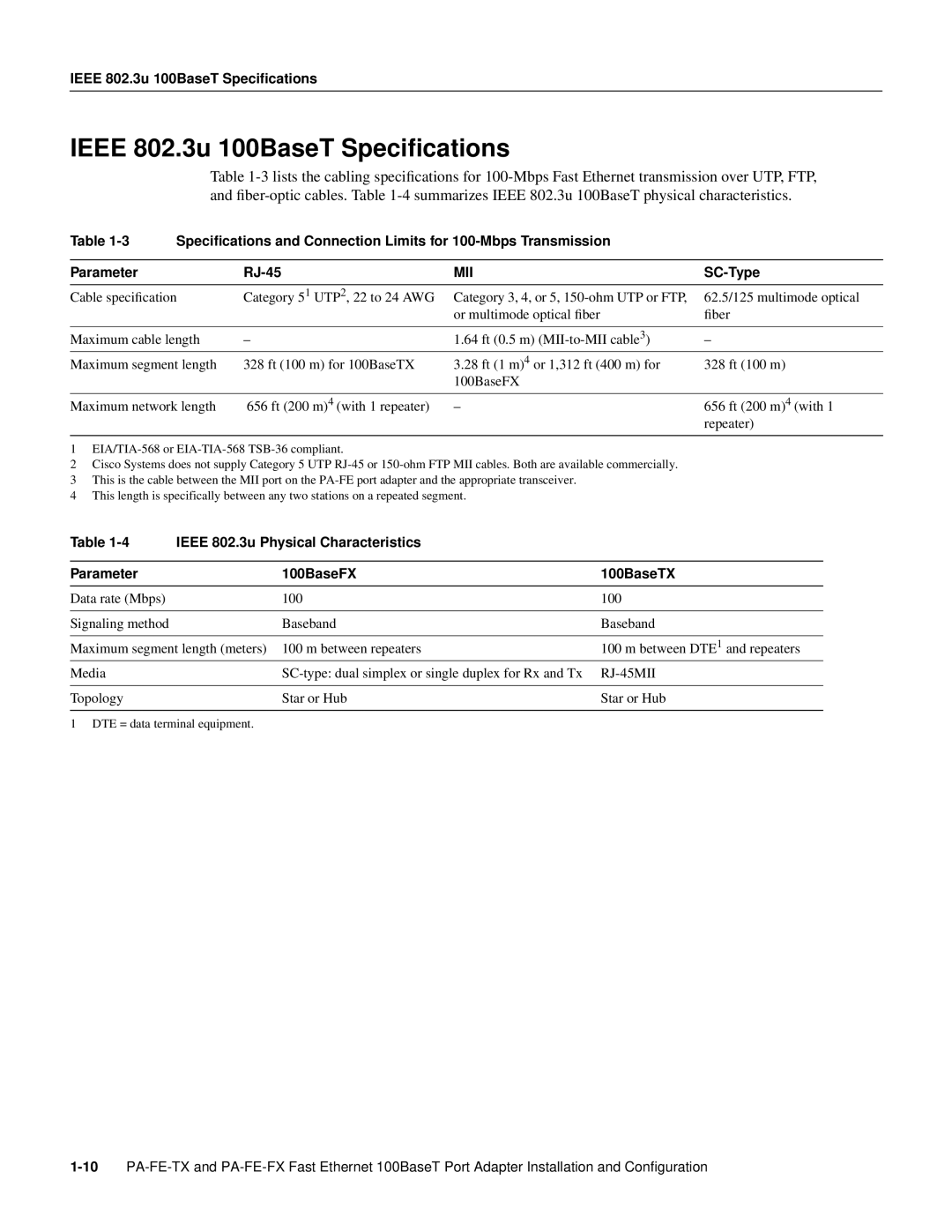 Cisco Systems PA-FE-TX, PA-FE-FX manual Ieee 802.3u 100BaseT Speciﬁcations, Mii 