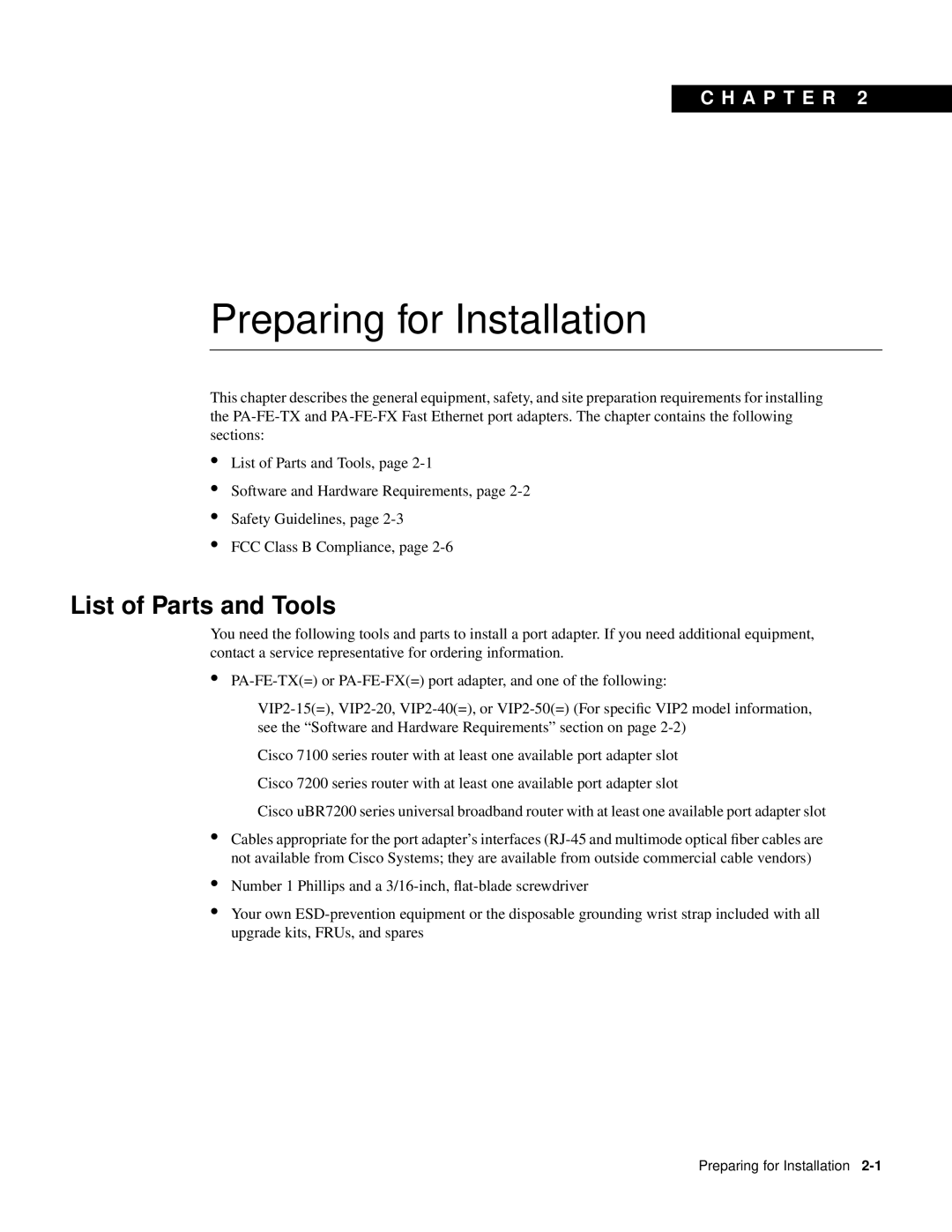 Cisco Systems PA-FE-FX, PA-FE-TX manual Preparing for Installation, List of Parts and Tools 