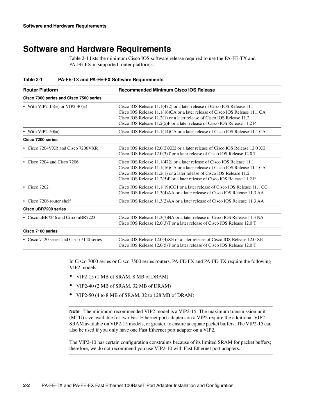 Cisco Systems PA-FE-TX, PA-FE-FX Software and Hardware Requirements, Router Platform Recommended Minimum Cisco IOS Release 