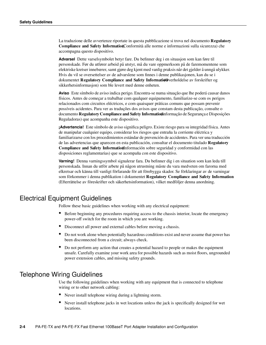 Cisco Systems PA-FE-TX, PA-FE-FX manual Electrical Equipment Guidelines, Telephone Wiring Guidelines 