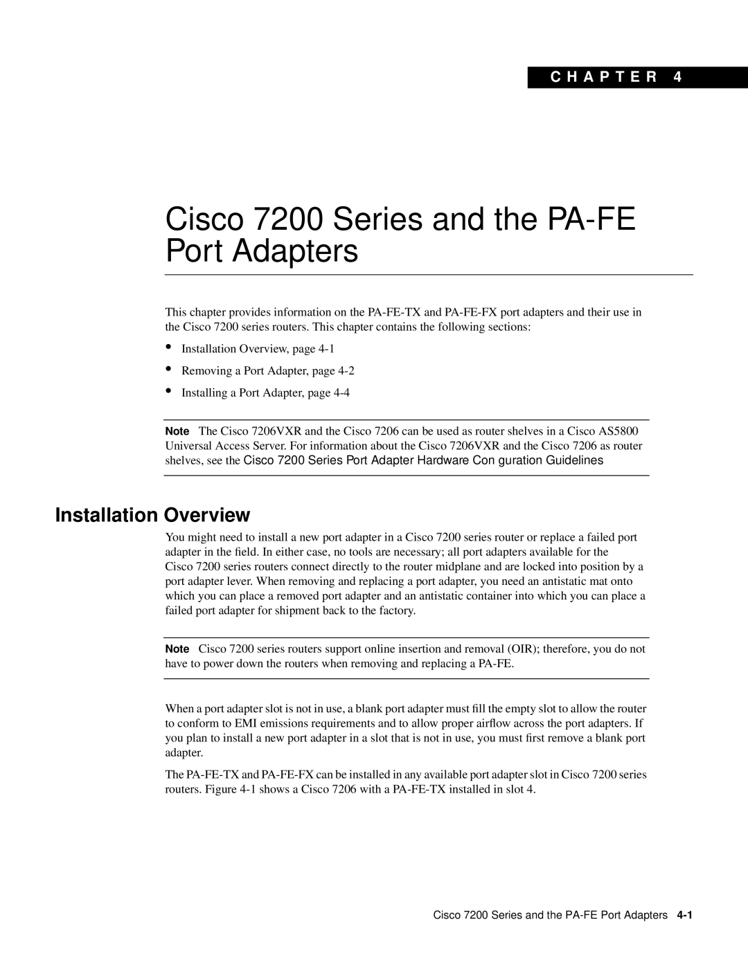 Cisco Systems PA-FE-FX, PA-FE-TX manual Cisco 7200 Series and the PA-FE Port Adapters, Installation Overview 