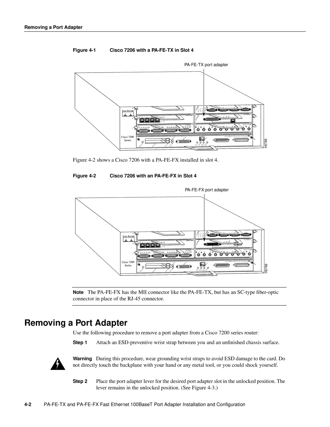 Cisco Systems PA-FE-TX manual Shows a Cisco 7206 with a PA-FE-FX installed in slot 