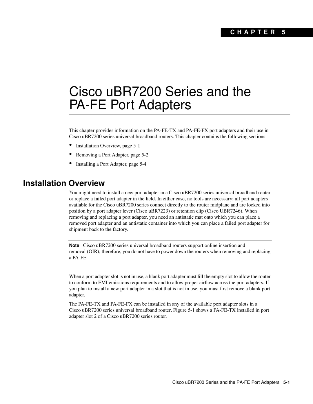 Cisco Systems PA-FE-FX, PA-FE-TX manual Cisco uBR7200 Series and the PA-FE Port Adapters, Installation Overview 