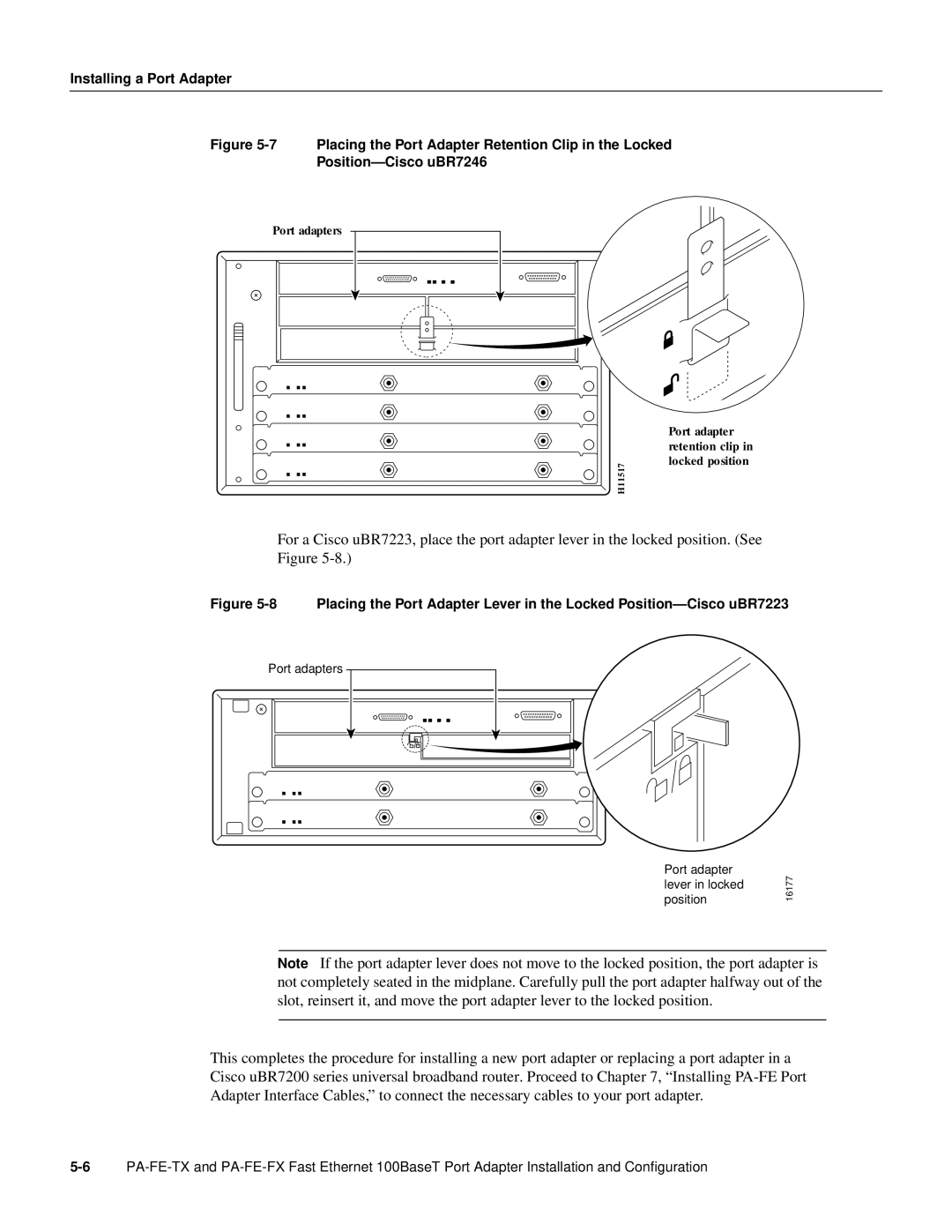 Cisco Systems PA-FE-TX, PA-FE-FX manual Port adapter retention clip in locked position 