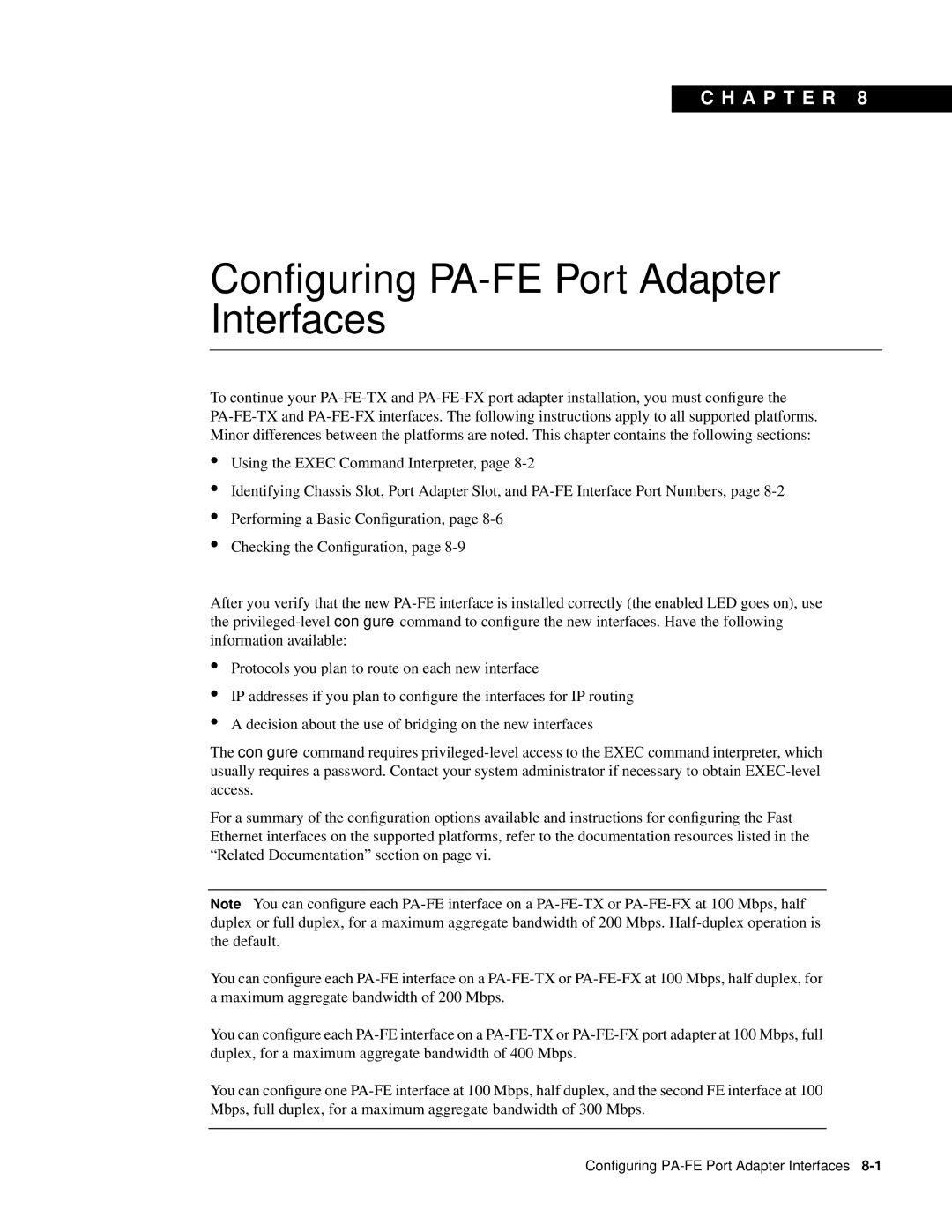 Cisco Systems PA-FE-FX, PA-FE-TX manual Configuring PA-FE Port Adapter Interfaces 