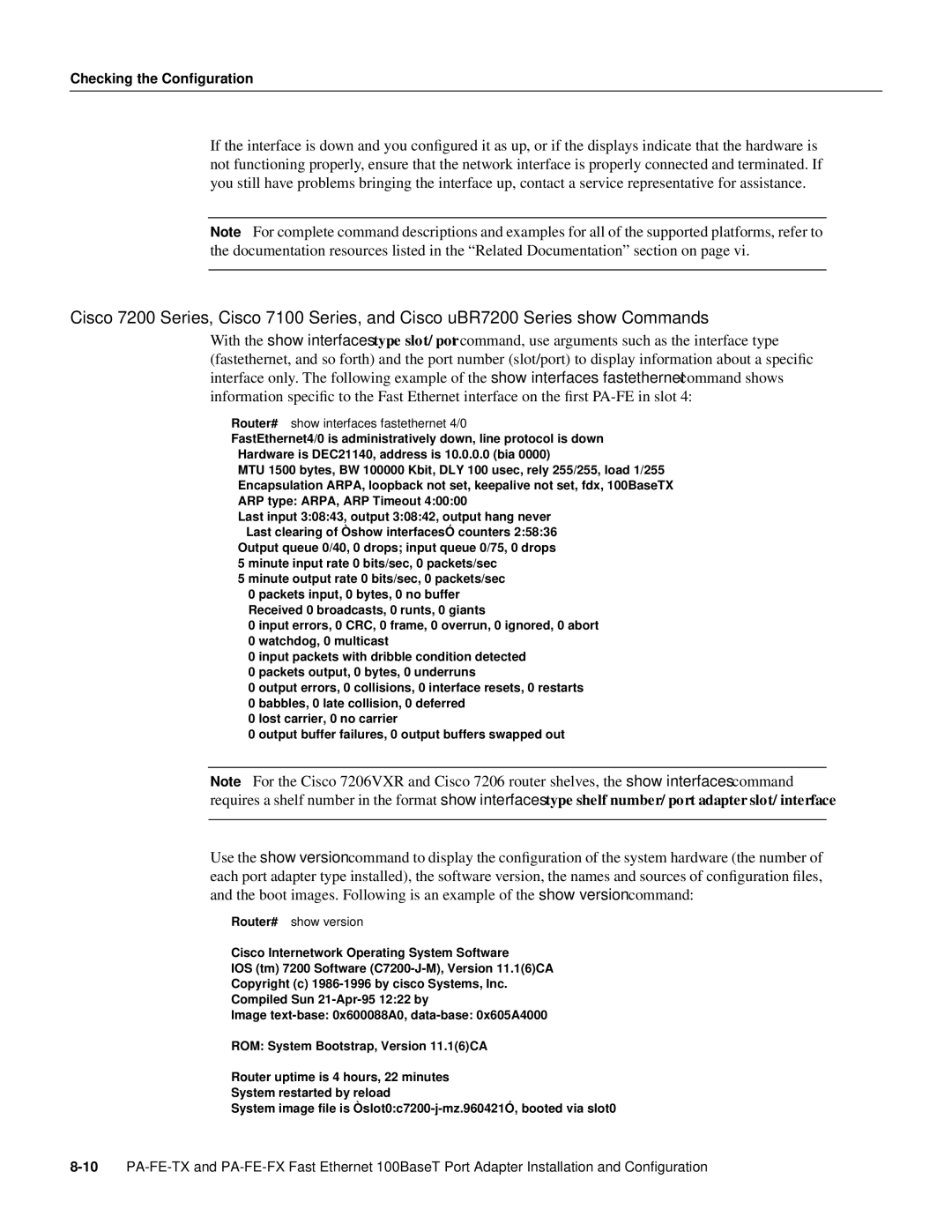 Cisco Systems PA-FE-TX, PA-FE-FX manual Checking the Configuration 