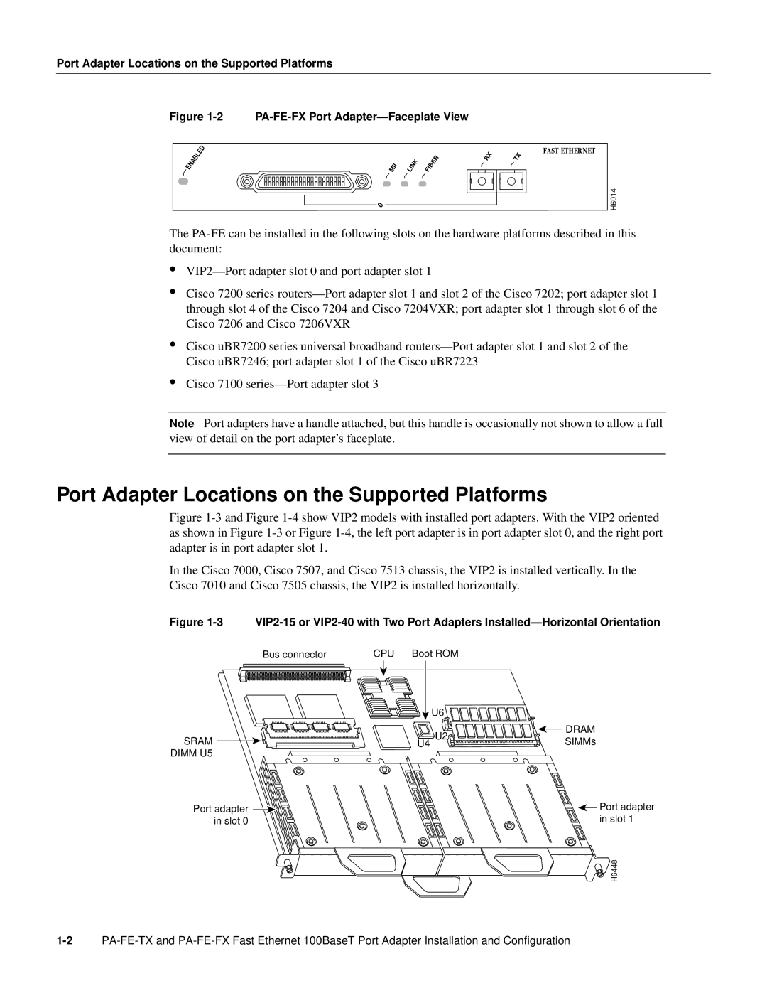 Cisco Systems PA-FE-TX manual Port Adapter Locations on the Supported Platforms, PA-FE-FX Port Adapter-Faceplate View 