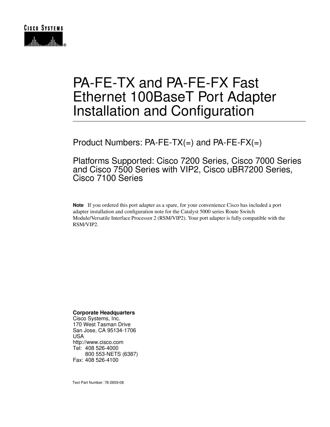 Cisco Systems manual Product Numbers PA-FE-TX= and PA-FE-FX=, Corporate Headquarters 