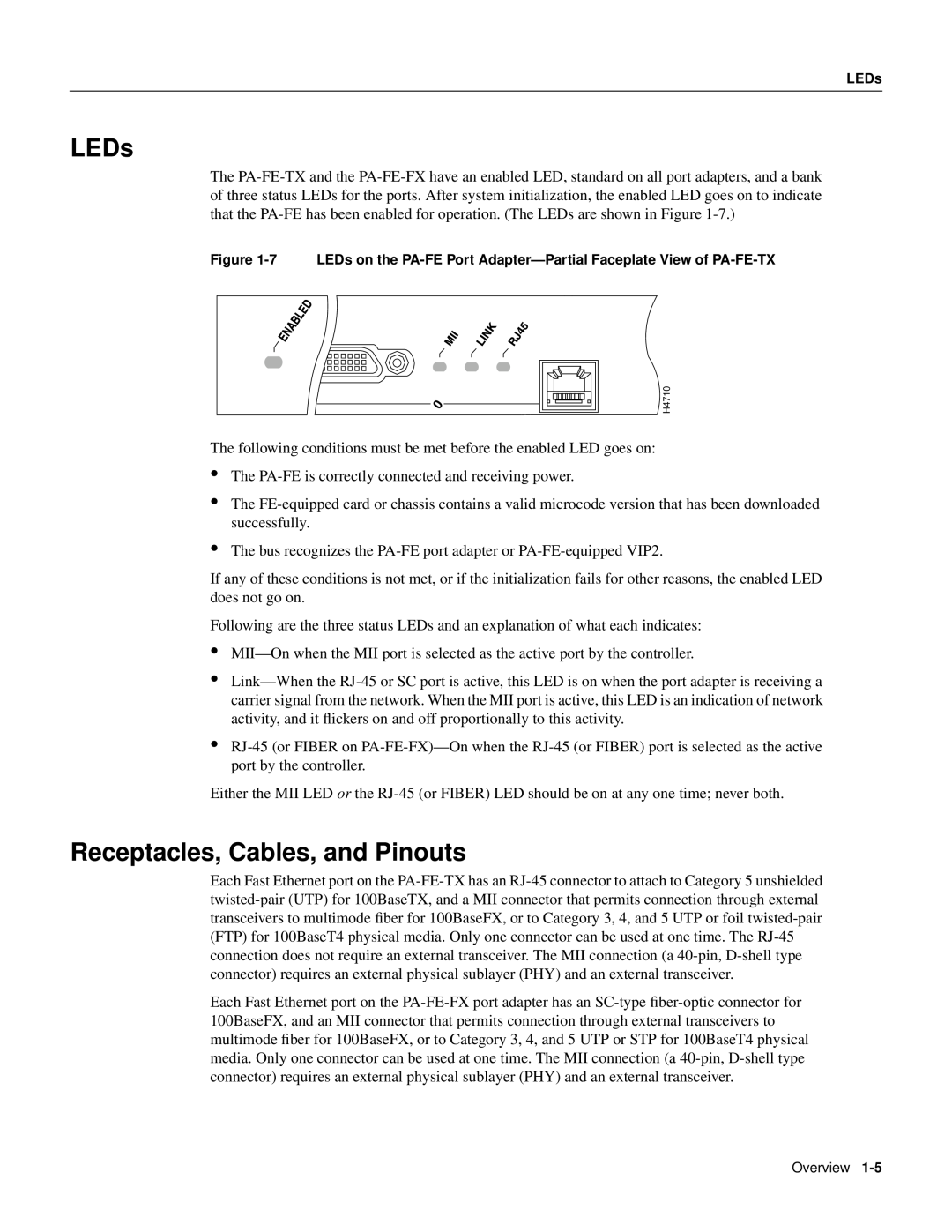Cisco Systems PA-FE-FX, PA-FE-TX manual LEDs, Receptacles, Cables, and Pinouts 