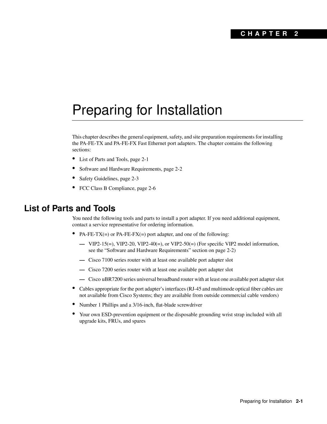 Cisco Systems PA-FE-FX, PA-FE-TX manual Preparing for Installation, List of Parts and Tools, C H A P T E R 