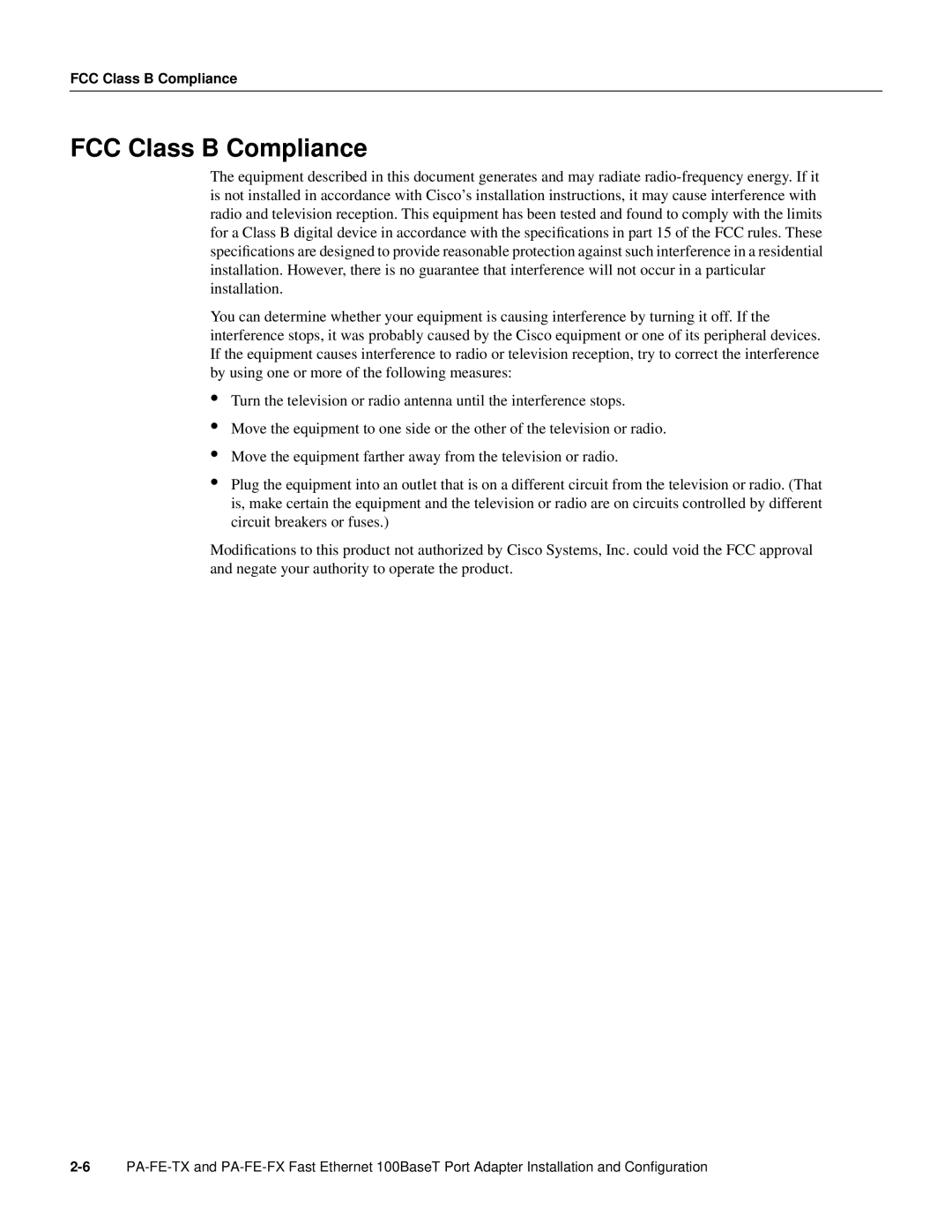 Cisco Systems PA-FE-TX, PA-FE-FX manual FCC Class B Compliance 