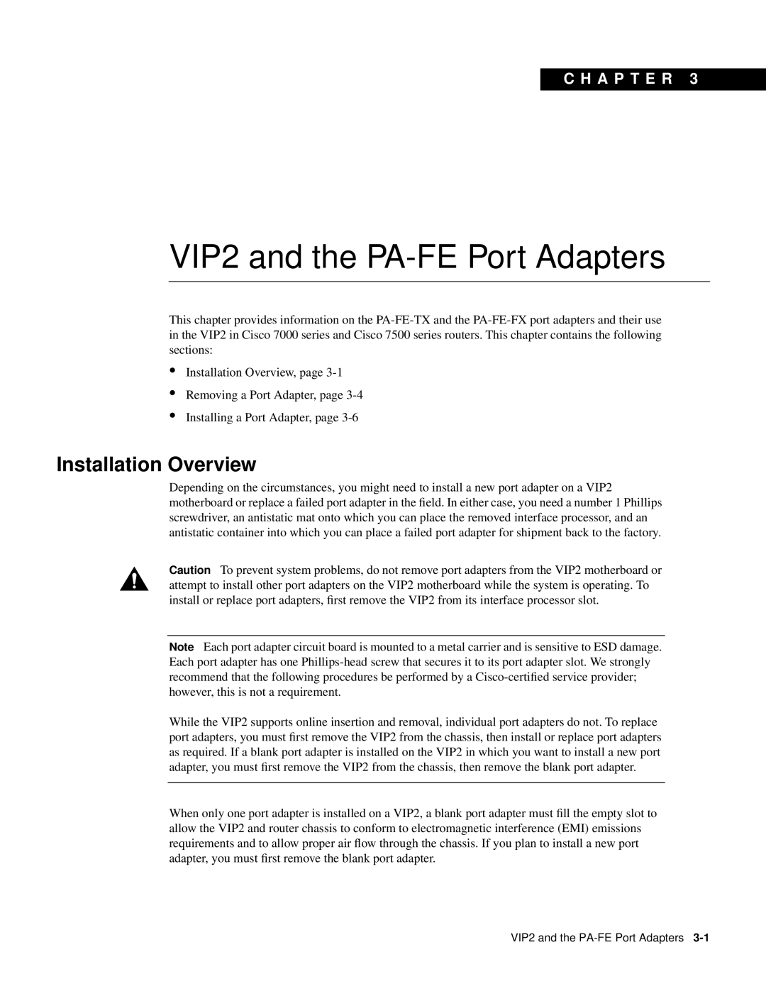 Cisco Systems PA-FE-FX, PA-FE-TX manual VIP2 and the PA-FE Port Adapters, Installation Overview, C H A P T E R 