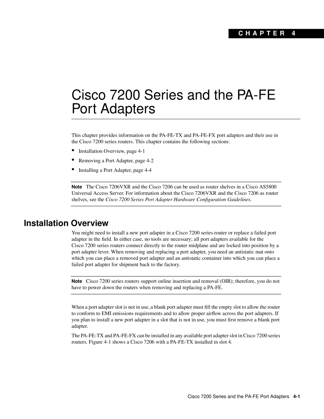 Cisco Systems PA-FE-FX, PA-FE-TX manual Cisco 7200 Series and the PA-FE Port Adapters, Installation Overview, C H A P T E R 