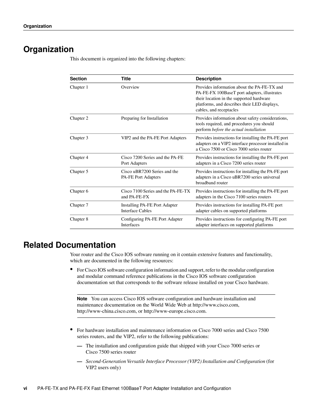 Cisco Systems PA-FE-TX, PA-FE-FX manual Organization, Related Documentation 