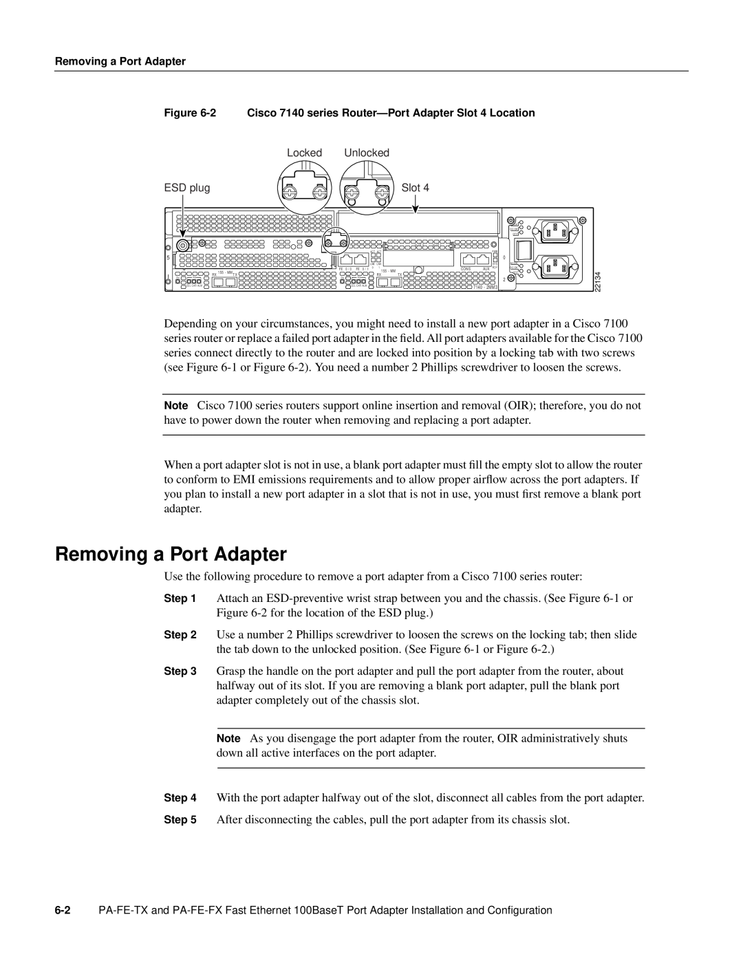 Cisco Systems PA-FE-TX, PA-FE-FX manual Removing a Port Adapter 