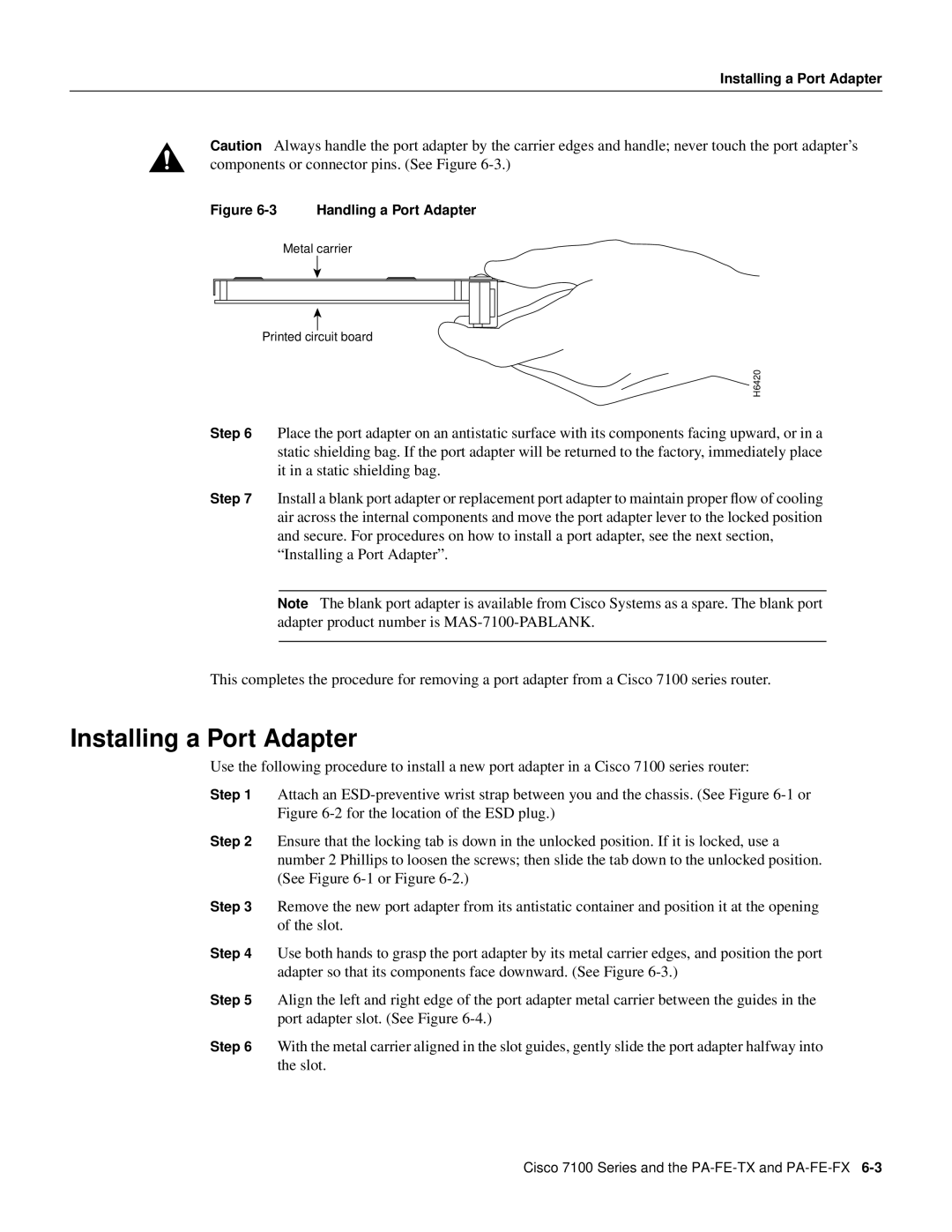 Cisco Systems PA-FE-FX, PA-FE-TX manual Installing a Port Adapter 