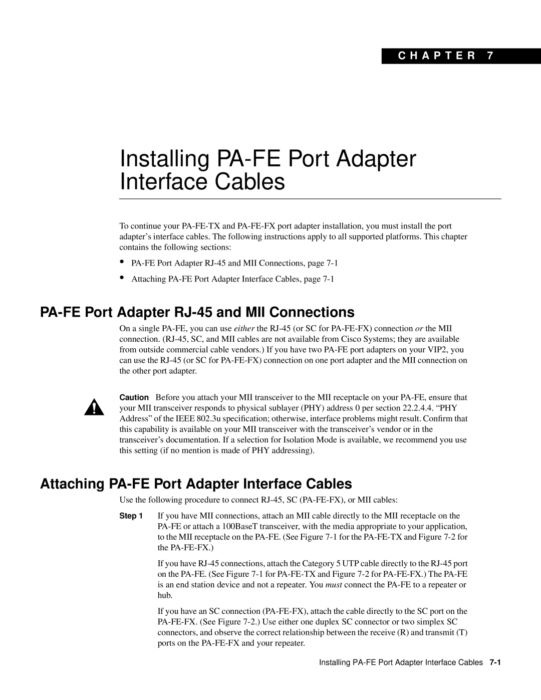 Cisco Systems PA-FE-FX manual Installing PA-FE Port Adapter Interface Cables, PA-FE Port Adapter RJ-45 and MII Connections 