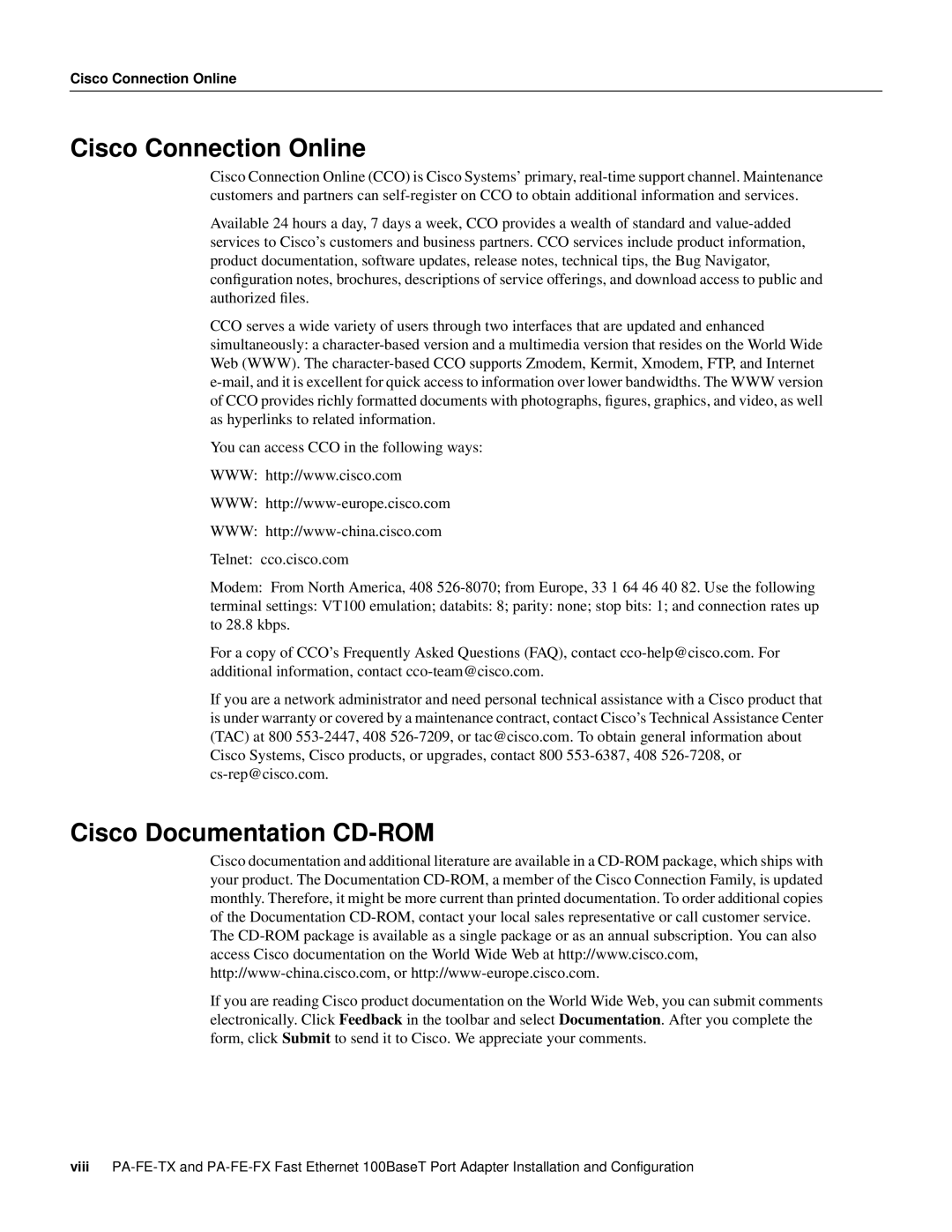 Cisco Systems PA-FE-TX, PA-FE-FX manual Cisco Connection Online, Cisco Documentation CD-ROM 