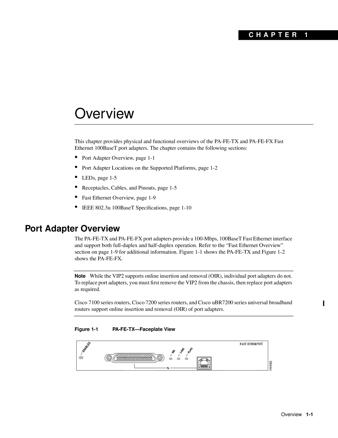Cisco Systems PA-FE-FX, PA-FE-TX manual Port Adapter Overview, C H A P T E R 