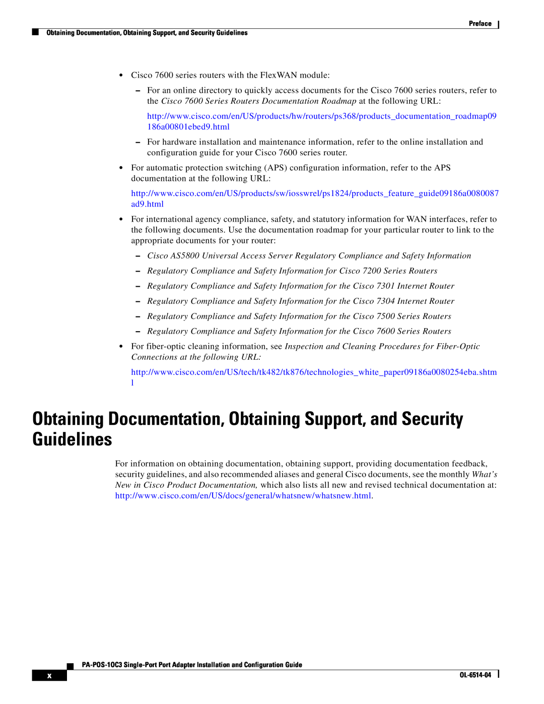 Cisco Systems PA-POS-2OC3, PA-POS-1OC3 manual Obtaining Documentation, Obtaining Support, and Security Guidelines 