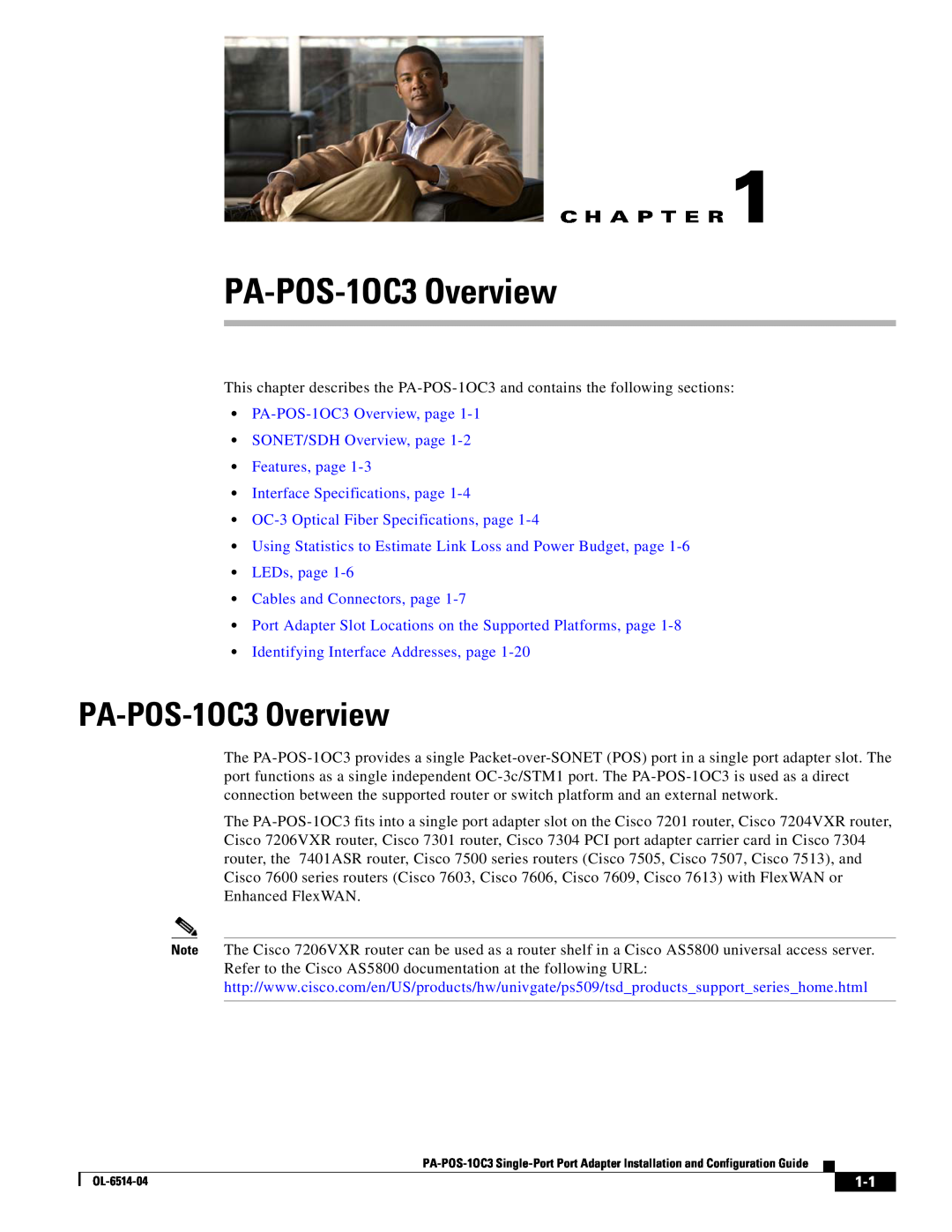 Cisco Systems PA-POS-2OC3 manual C H A P T E R, PA-POS-1OC3 Overview, page SONET/SDH Overview, page Features, page 