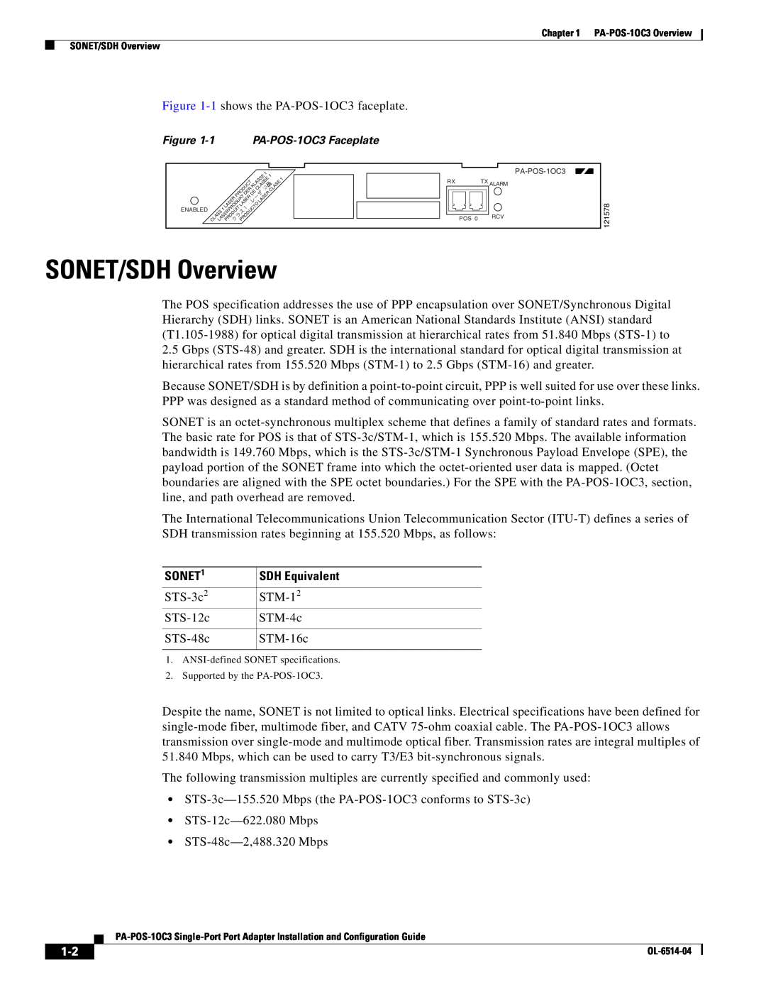 Cisco Systems PA-POS-2OC3, PA-POS-1OC3 manual SONET/SDH Overview, Sonet, SDH Equivalent 