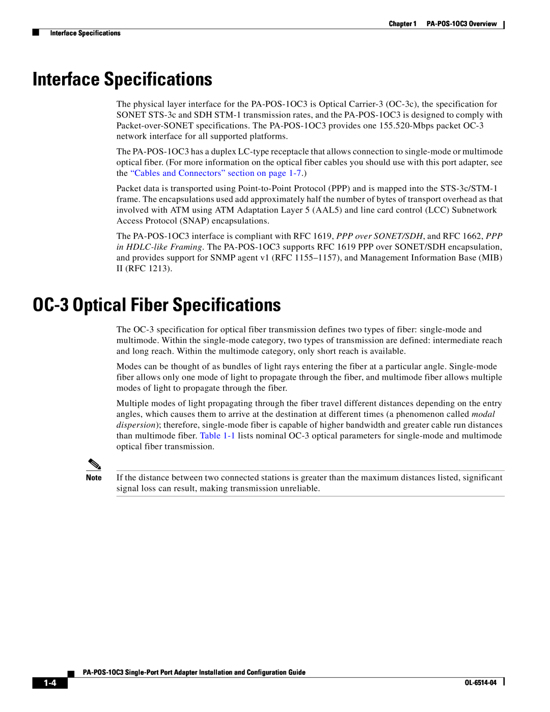 Cisco Systems PA-POS-2OC3, PA-POS-1OC3 manual Interface Specifications, OC-3 Optical Fiber Specifications 