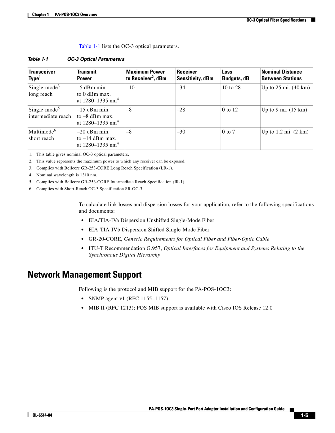 Cisco Systems PA-POS-1OC3 manual Network Management Support, Transceiver, Transmit, Maximum Power, Receiver, Loss, Type1 