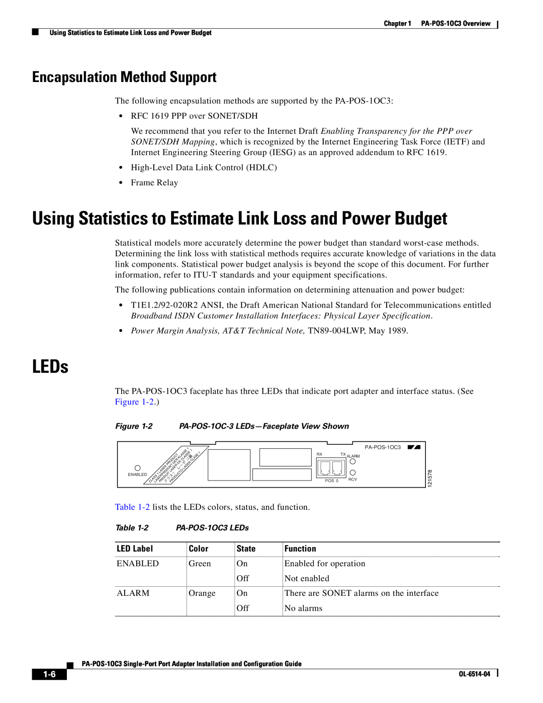 Cisco Systems PA-POS-2OC3 Using Statistics to Estimate Link Loss and Power Budget, LEDs, Encapsulation Method Support 