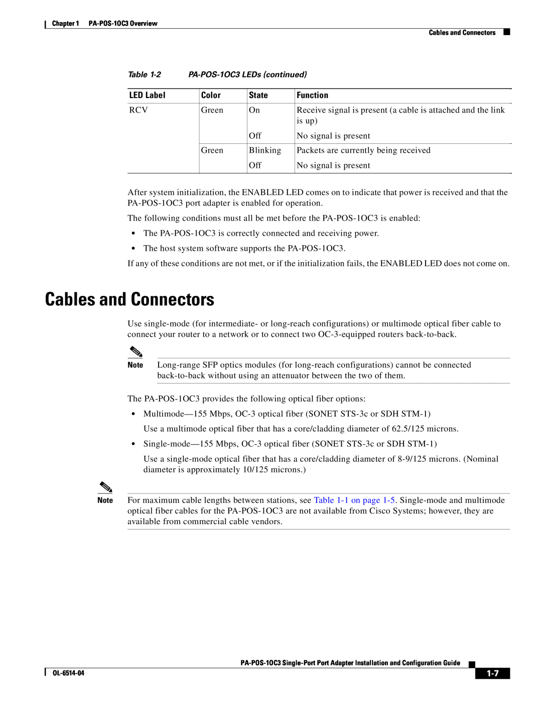 Cisco Systems PA-POS-1OC3, PA-POS-2OC3 manual Cables and Connectors, LED Label, Color, State, Function 