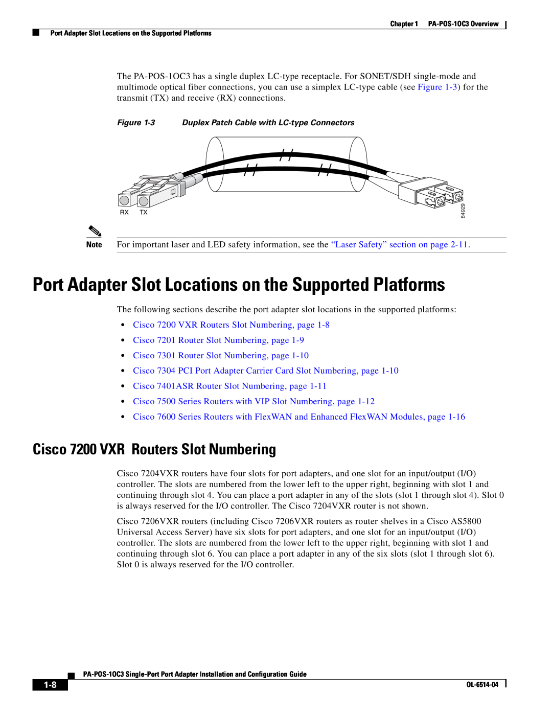 Cisco Systems PA-POS-2OC3 Port Adapter Slot Locations on the Supported Platforms, Cisco 7200 VXR Routers Slot Numbering 