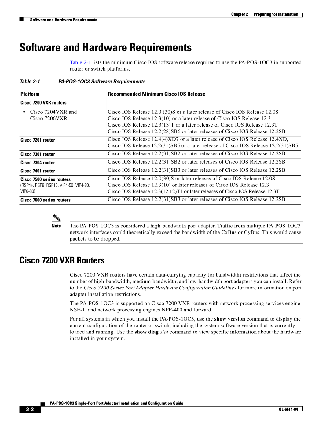 Cisco Systems PA-POS-2OC3, PA-POS-1OC3 manual Software and Hardware Requirements, Cisco 7200 VXR Routers, Platform 