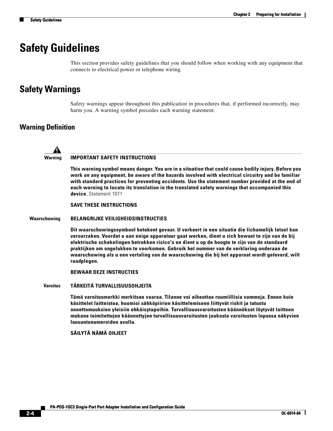 Cisco Systems PA-POS-2OC3 Safety Guidelines, Safety Warnings, Warning Definition, Warning IMPORTANT SAFETY INSTRUCTIONS 