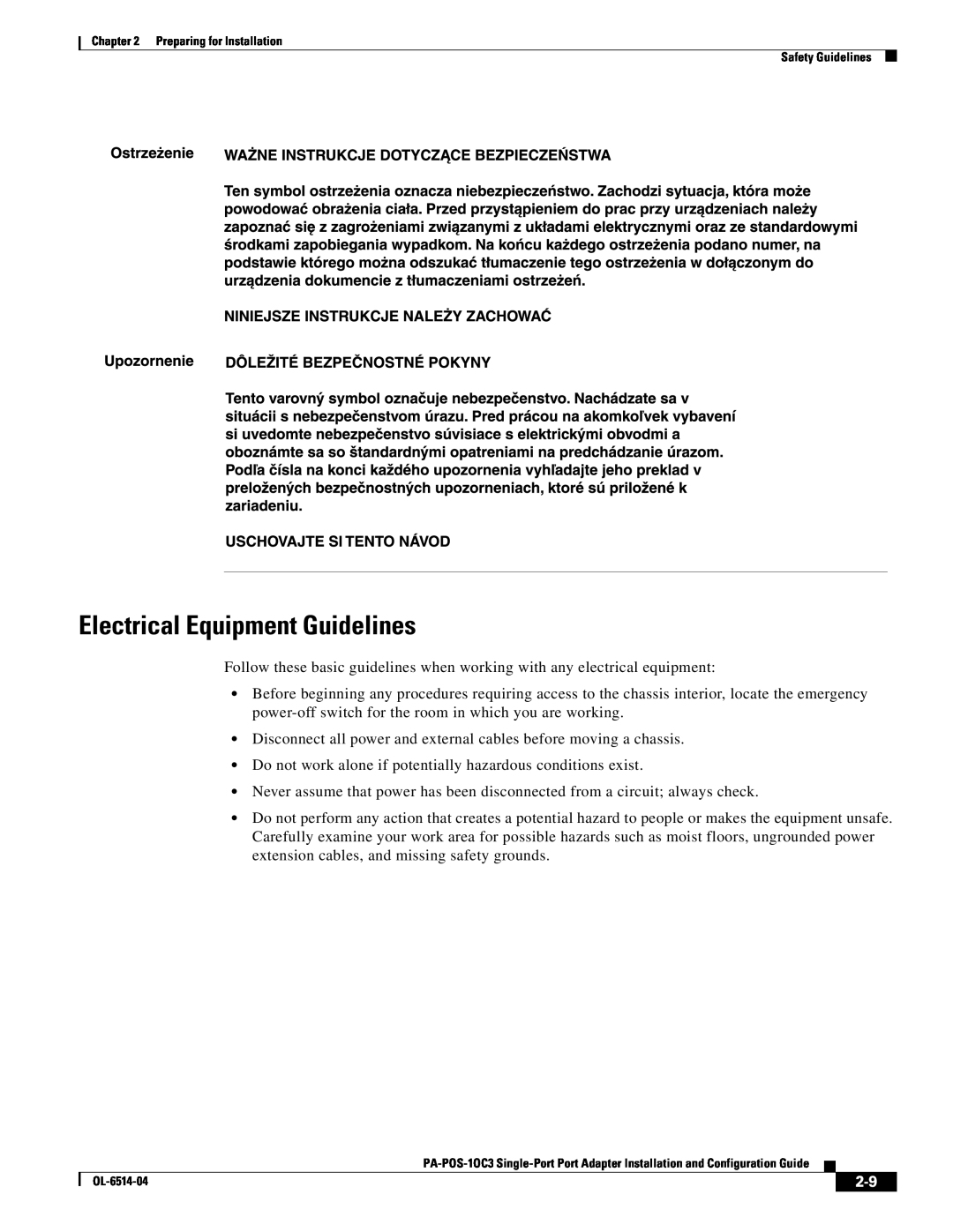 Cisco Systems PA-POS-1OC3, PA-POS-2OC3 manual Electrical Equipment Guidelines 