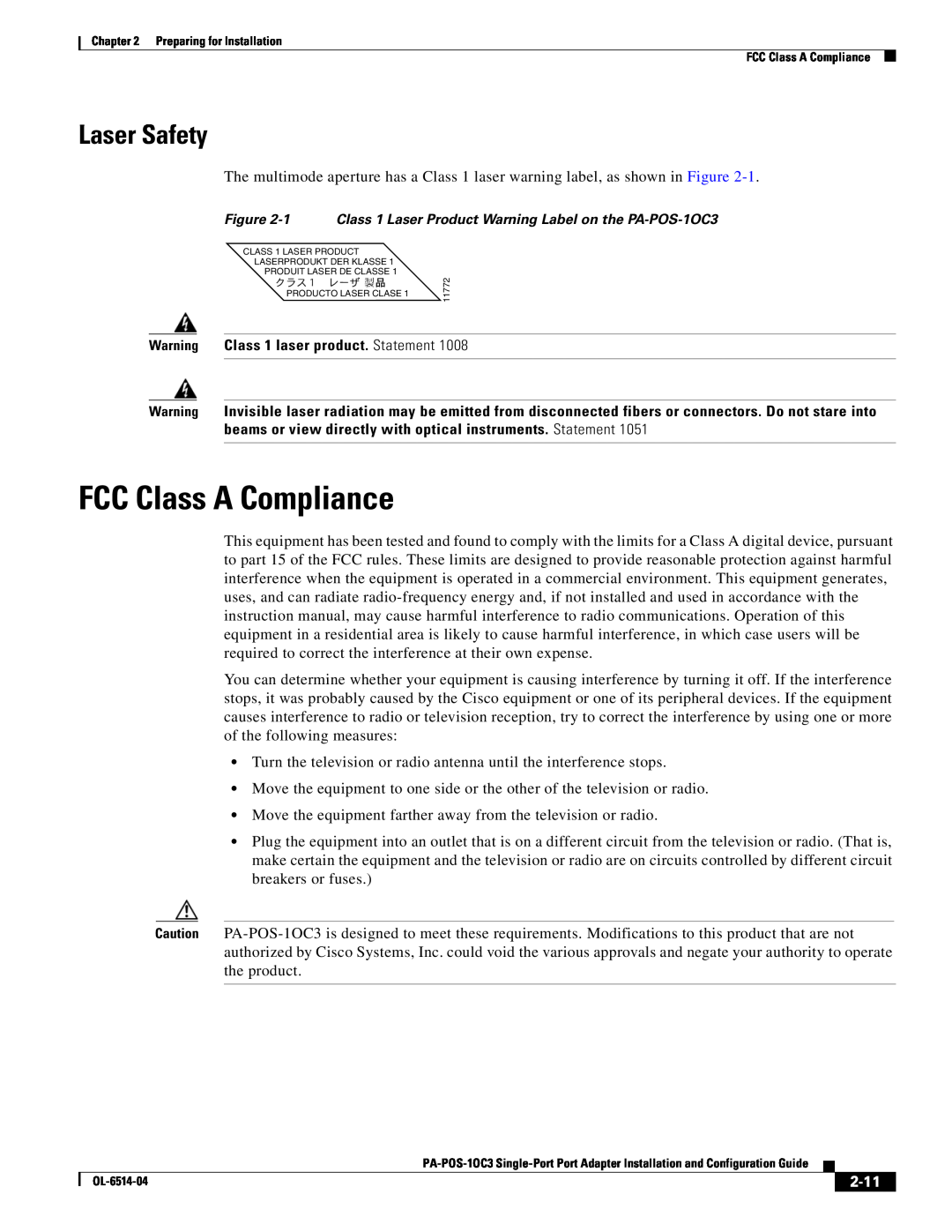 Cisco Systems PA-POS-1OC3 manual FCC Class A Compliance, Laser Safety, Warning Class 1 laser product. Statement, 2-11 