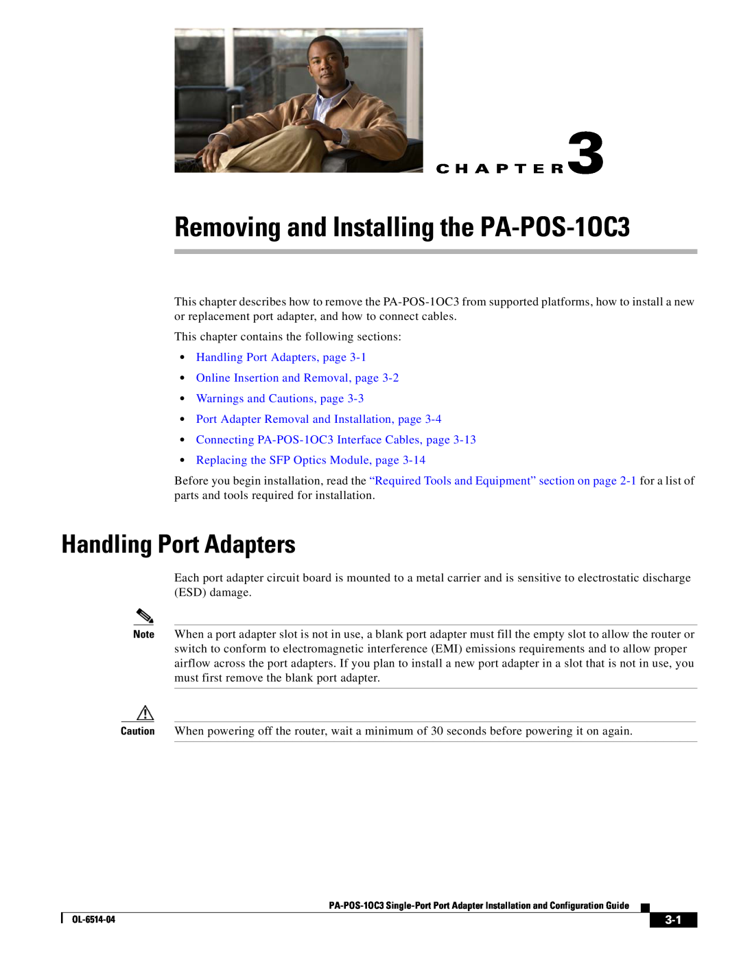 Cisco Systems PA-POS-2OC3 Removing and Installing the PA-POS-1OC3, Handling Port Adapters, Warnings and Cautions, page 