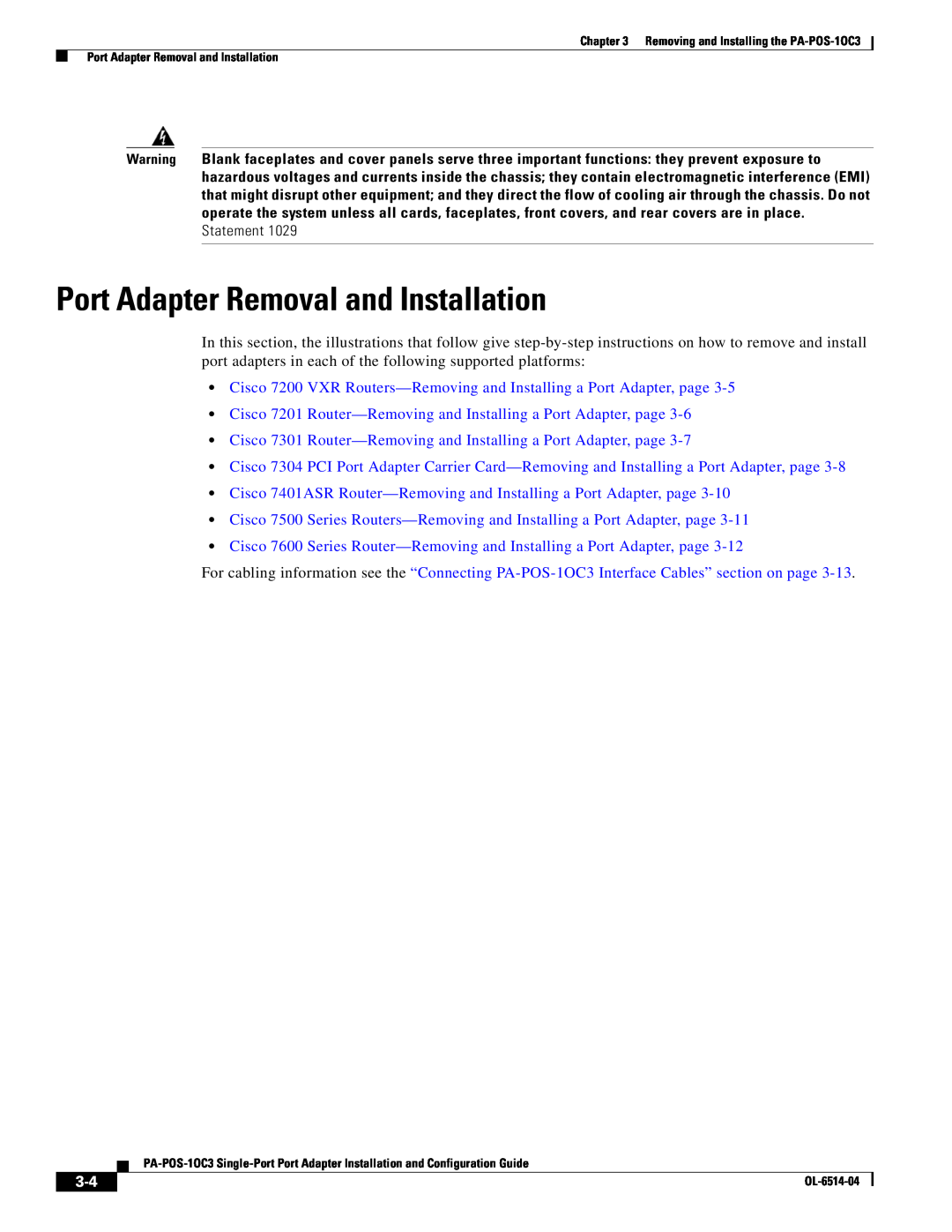 Cisco Systems PA-POS-2OC3, PA-POS-1OC3 manual Port Adapter Removal and Installation 