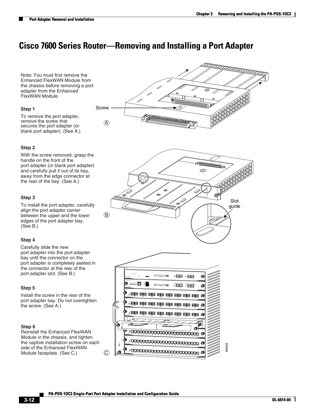 Cisco Systems PA-POS-2OC3, PA-POS-1OC3 manual Cisco 7600 Series Router-Removing and Installing a Port Adapter, 3-12, Step 