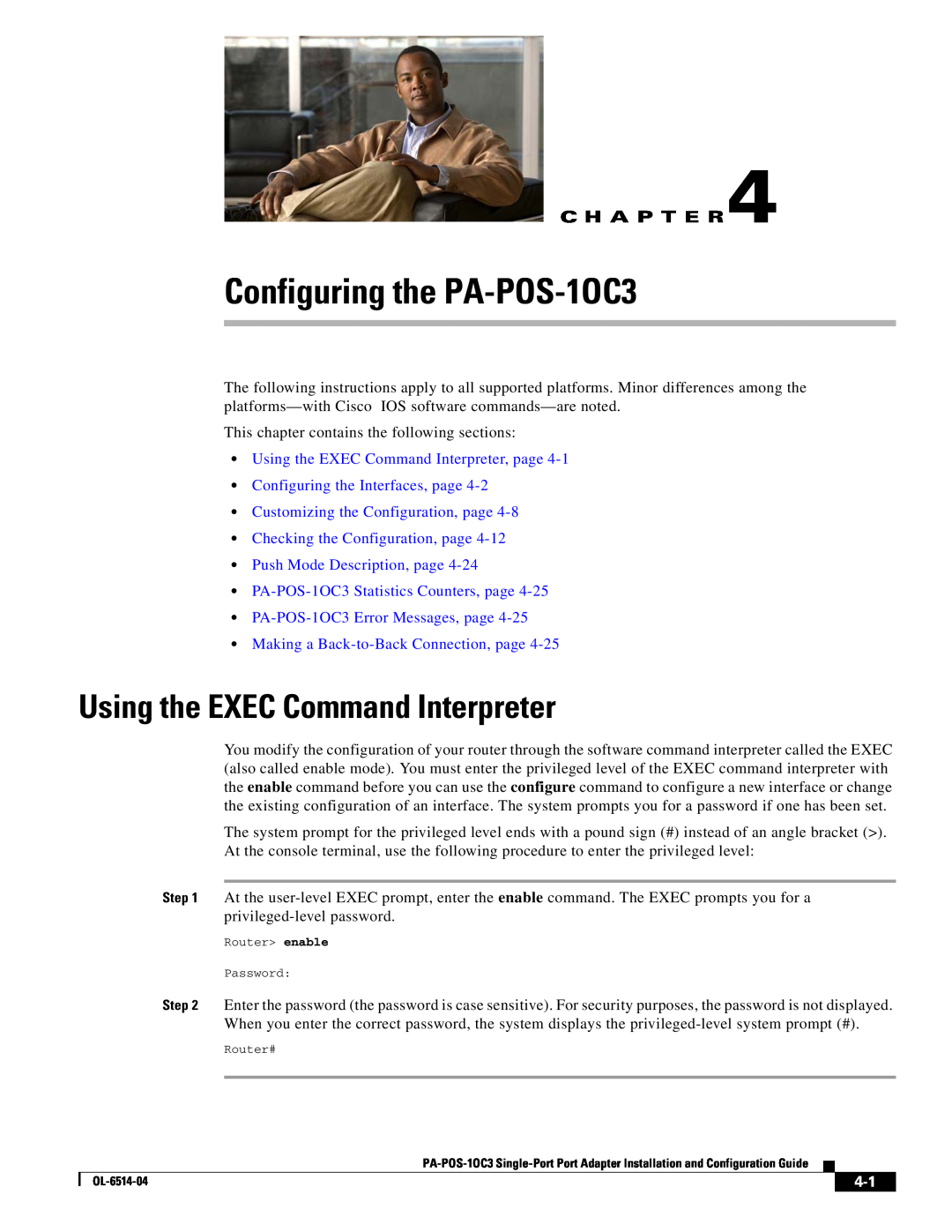 Cisco Systems PA-POS-2OC3 Configuring the PA-POS-1OC3, Using the EXEC Command Interpreter, page, C H A P T E R 