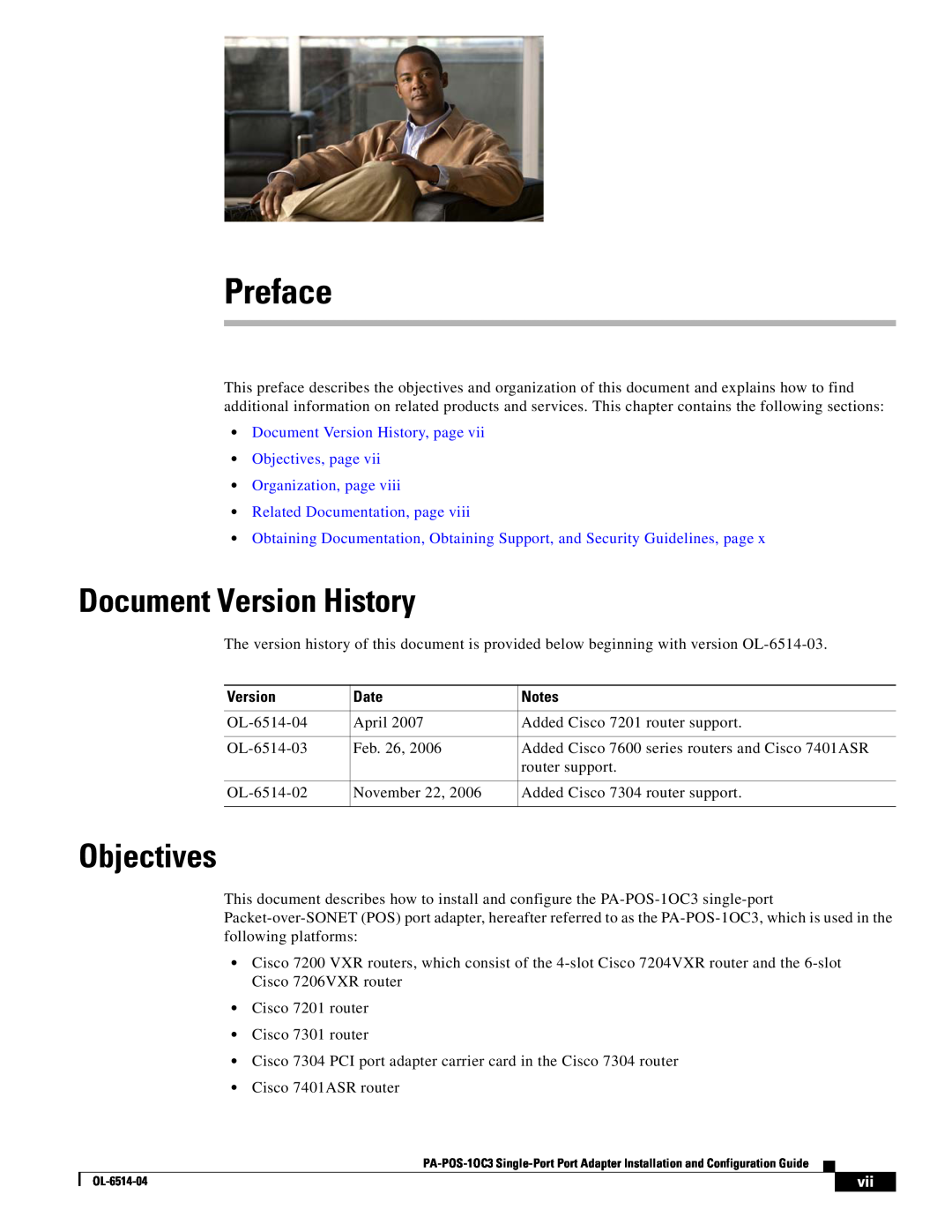 Cisco Systems PA-POS-1OC3, PA-POS-2OC3 Preface, Document Version History, Objectives, Related Documentation, page, Date 