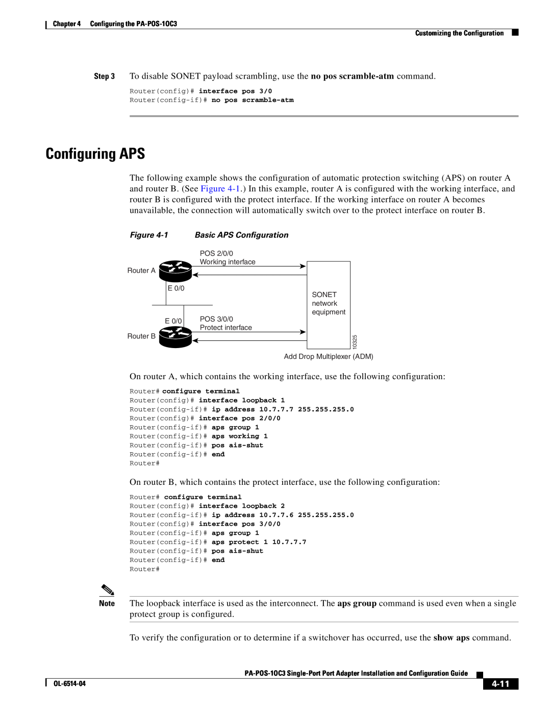 Cisco Systems PA-POS-1OC3, PA-POS-2OC3 manual Configuring APS, 4-11, 1 Basic APS Configuration 