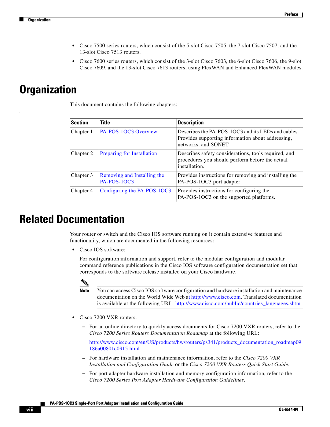 Cisco Systems PA-POS-2OC3 Organization, Related Documentation, Section, Title, Description, PA-POS-1OC3 Overview, viii 